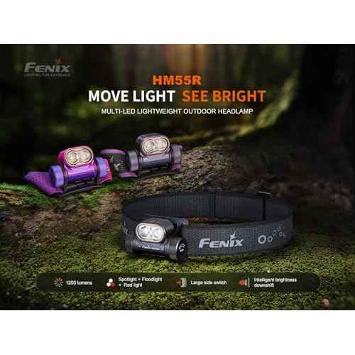 Fenix HM55R Rechargeable Headlamp, 1200 Lumen Spotlight Floodlight & Red Light, Lightweight, Long Runtime, USB-C Charging, Waterproof for Camping, Hiking, Running with Lumentac Organizer (Black)