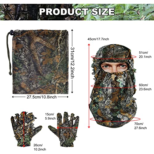 Outdoor Camouflage Ghillie Suit for Hunting & Airsoft, 3D Leafy Hooded Design - Dark Green, Height 5.9-6.2 ft