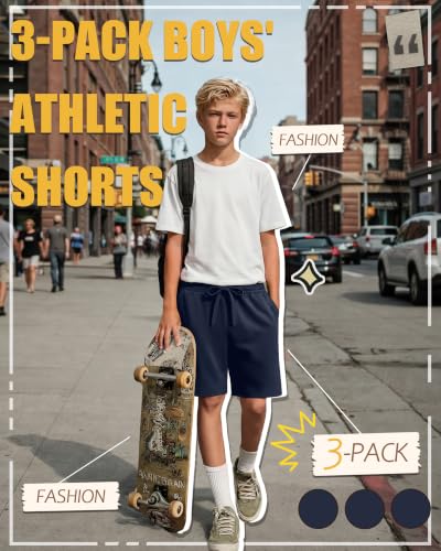 Boys' Athletic Shorts 3 Pack - Navy Blue, Size 14-16 Years, Sportswear