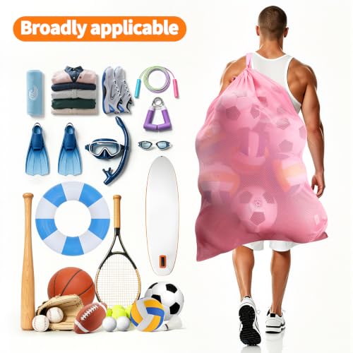 Pink Mesh Sports Ball Bag 40x30 Inch Heavy Duty Drawstring Organizer for Basketball Volleyball Soccer