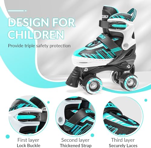 Kids Adjustable Roller Skates Cyan Medium-Big Size 13J-3 US - Safe & Comfortable