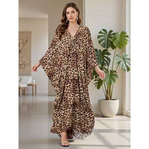 Women's Plus Size Animal Print V-Neck Batwing Kaftan Beach Dress Bathing Suit Cover-Up Loungewear
