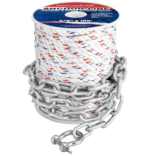 3/8 Inch x 100 Ft Nylon Anchor Line with 1/4 Inch Galvanized Chain - Marine Rope