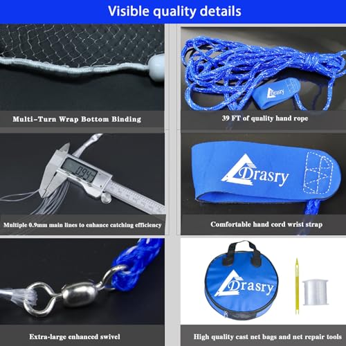 Drasry 6 FT Radius Cast Net with 1/4 Mesh and Lead Sinker for Saltwater and Freshwater Fishing