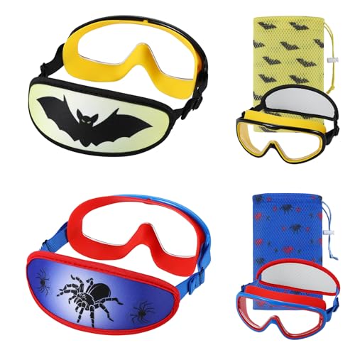 Kids Swim Goggles Age 3-8 2-Pack - Toddler Child Swimming Mask No Hair Pull - Bat & Spider Variation