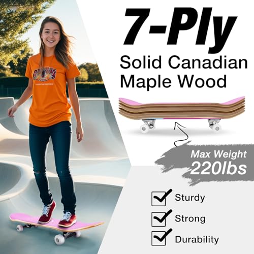 BELEEV Light Pink Complete Skateboard for Beginners 31x8 Inch Kids Teens Adults