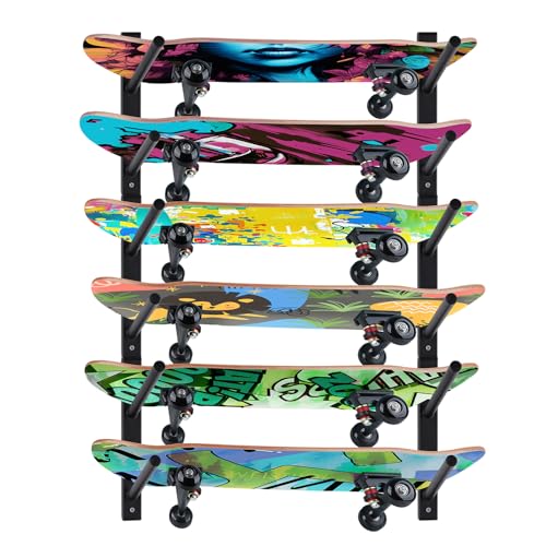 Skateboard Wall Mount Rack - 6 Layers Black for All Boards & Accessories