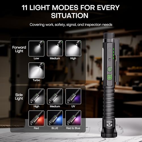 Rechargeable LED Flashlight 800 Lumen with Magnetic Clip & Base - Black, Large
