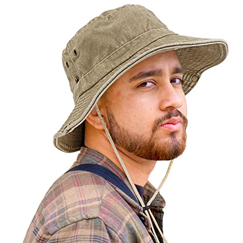 Unisex Cotton Boonie Hat Summer Fishing Bucket Sun Hat with String - One Size, Retro Khaki