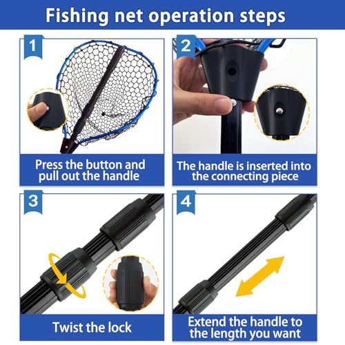 Adjustable Telescoping Fishing Net with Handle - Blue Aluminum Alloy, Foldable & Collapsible, 3-Section Pole, 63.7"
