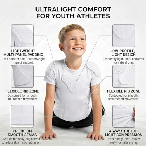 Youth Padded Compression Shirt Rib Protector for Football Baseball Kids White X-Large