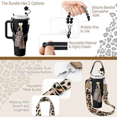 Skylety 7 Pcs Leopard Silicone Cup Accessory Set Compatible with Stanley Cup Leopard Beaded Bottle Strap Carrying Strap Lipstick Holder Tassel Charm Straw Cover Bottle Ring 8-40 oz Tumbler(Black)