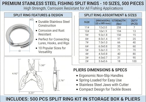Heavy Duty Fishing Split Ring Kit - 10 Sizes Stainless Steel Lure Connectors