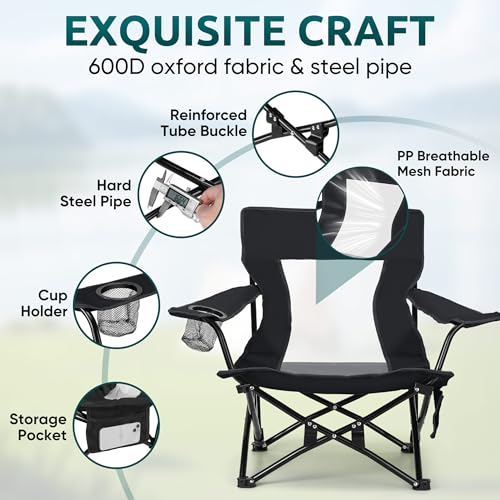 Folding Camping Lawn Chair - Black, Oversized, 600D Oxford Fabric, 2 Pack