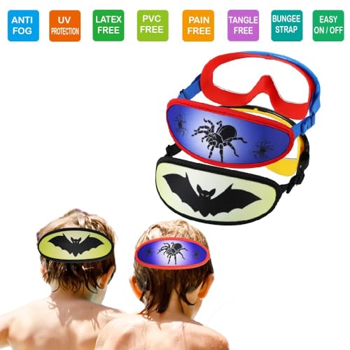 Kids Swim Goggles Age 3-8 2-Pack - Toddler Child Swimming Mask No Hair Pull - Bat & Spider Variation