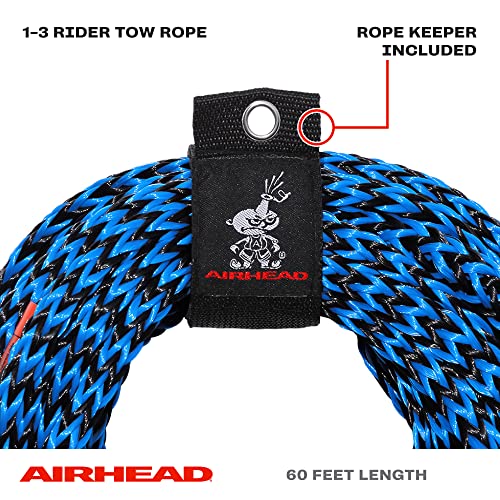 3 Person Heavy Duty Tow Rope for Tubes and Watersports - 16 Strand Polypropylene, UV Resistant, 60 ft, 3/8 Inch, 6,000 lb Break Strength with Rope Keeper