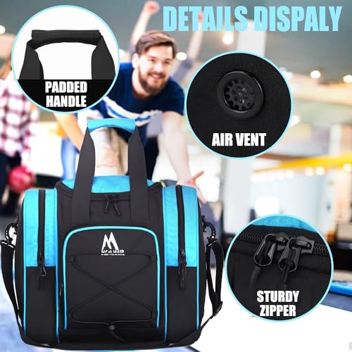 Blue Bowling Ball Bag for Single Ball with Padded Holder and Shoes Up to Men's Size 14