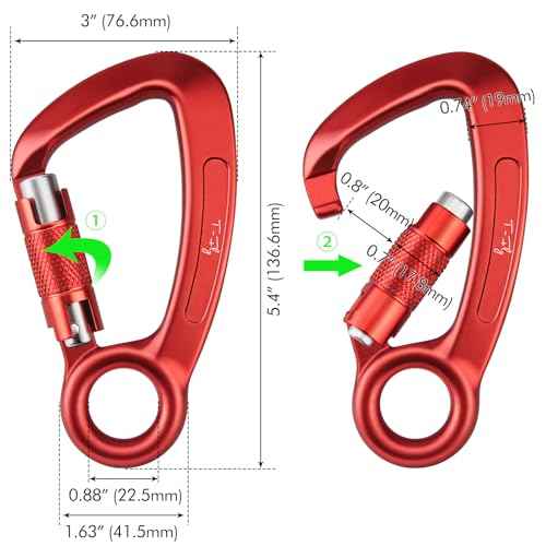 T-Fly Auto Locking Carabiner 35KN (7868 lbs), UIAA Certified 5.4" Climbing Rock Carabiner with Round Eyelet for Rappelling, Climbing, Ropes (Red)