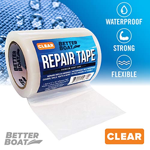 Repair Tape for Fabric Boat Covers, Canvas Tents, Pop-Up Campers, RV Awnings, Tarps, Canopies, Bimini Tops, Sails, Air Mattress Patch Kit, 30ft x 3" Clear Heavy-Duty Waterproof Vinyl