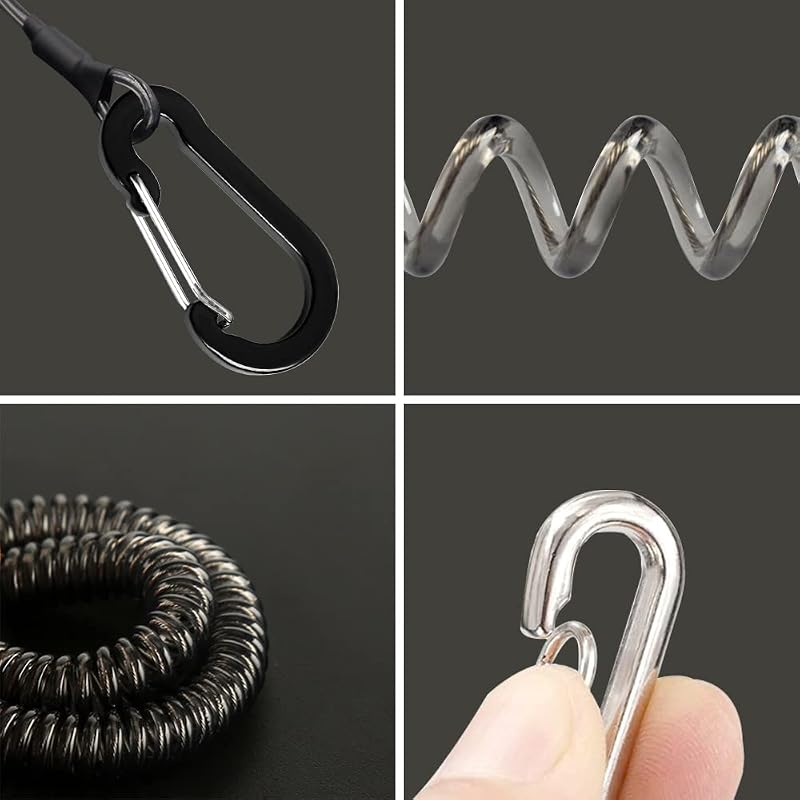 Retractable Coiled Lanyards with Carabiner Clips - 45cm, 98in Stretch, 15lb Safe Tension, Black Long Rotatable