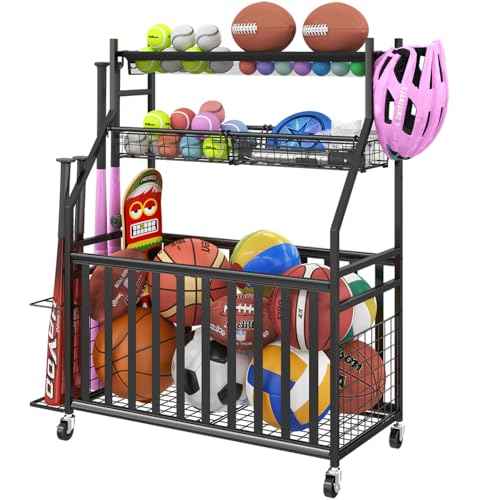 Garage Sports Equipment Organizer,Sports Ball Organizer with Wheels,Basket,Ball Organizer with Baseball Bat Rack and HooksToy Storage Rolling Cart-Black