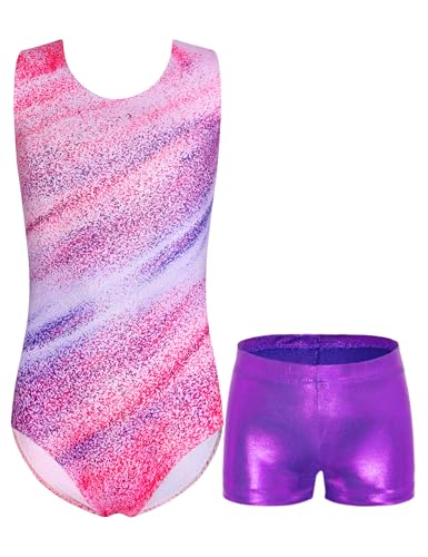 Girls Gymnastics Leotards Set with Shorts - Sleeveless Activewear, Colorful Stripes, 4-5T