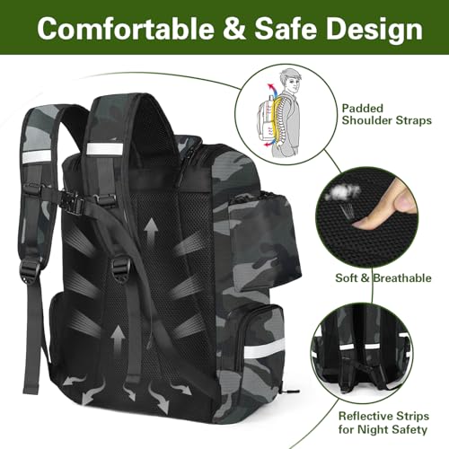 Camouflage Fishing Backpack with 2 Rod Holders, 45L Water-Resistant Tackle Bag for Men