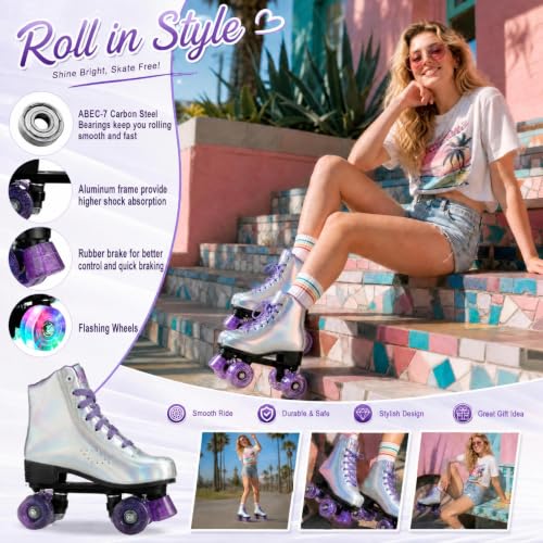 Holographic Purple Flash Quad Roller Skates for Women Men 8.5/7 Indoor Outdoor