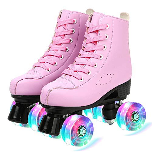 Pink High-Top Roller Skates for Women Men Double-Row PU Wheels - Size 40 US / 9 Women, 7.5 Men