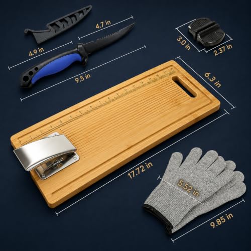 Fish Fillet Board with Clamp, Knife & Gloves - Natural Bamboo Fish Cleaning Set