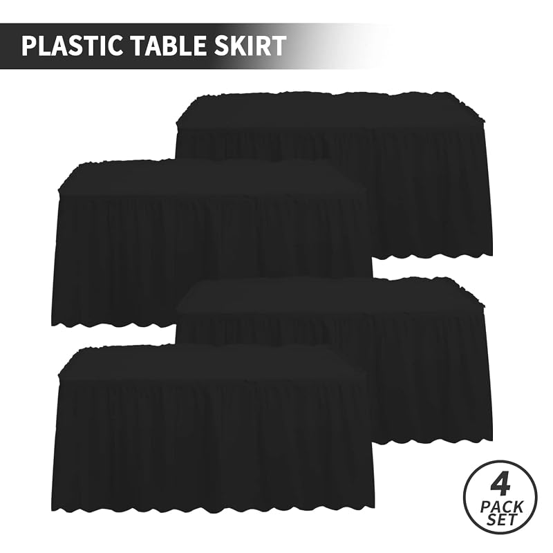 4 Pack Table Skirt 29 in x 14 ft Disposable/Reusable Table Cover – Black, Adhesive Edge Skirts for Rectangle or Round Tables