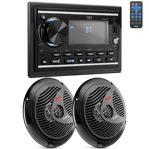 Pyle Boat Bluetooth Marine Stereo Receiver - Marine Head Unit Double DIN Stereo Receiver Power Amplifier & Speaker Kit - Hands-Free Calling, AM/FM/MP3/BT/USB/AUX - Remote, Speakers - Pyle PLMR2DNBK