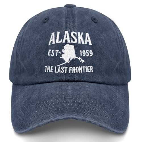 Washed Cotton Alaska Baseball Cap Adjustable Vintage Dad Hat Navy Blue Embroidered - One Size