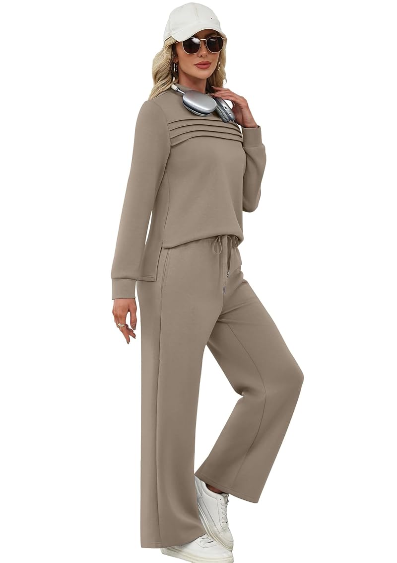 WIHOLL Two-Piece Lounge Set for Women – Long Sleeve Top & Wide Leg Pants, Side Slit, Travel/S Vacation Outfit, Variation: A Coffee+Large
