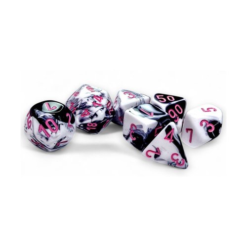 Black and White Gemini Dice with Pink Colored Numbers 7 Dice Set 16mm (5/8in) Chessex