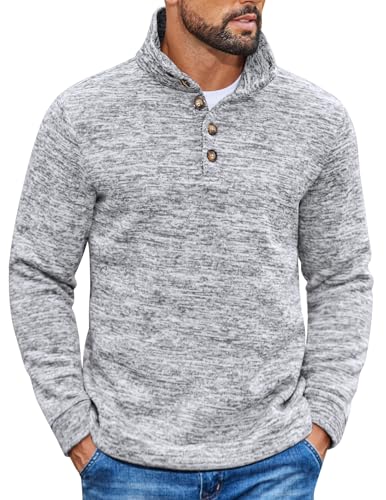 Men's Casual Fleece Sweater with Quarter Button - Large Grey Knit Thermal Pullover