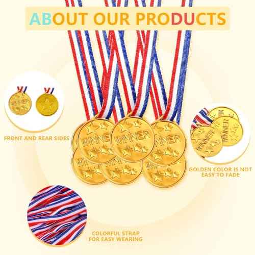 40 Pieces Plastic Gold Winner Award Medals Bulk for Sports, Games Competitions, Party Favors and Decorations
