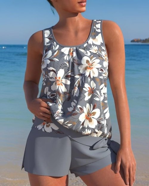 Women's Two Piece Swimsuit with Padded Top and High Waist Shorts, Printed Bikini Set for Beach or Pool(P1,XL)