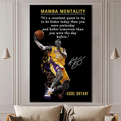 Kobe Bryant Mamba Mentality Quote Wall Art - 24 x 16 Inch Canvas Poster for Home Gym Office