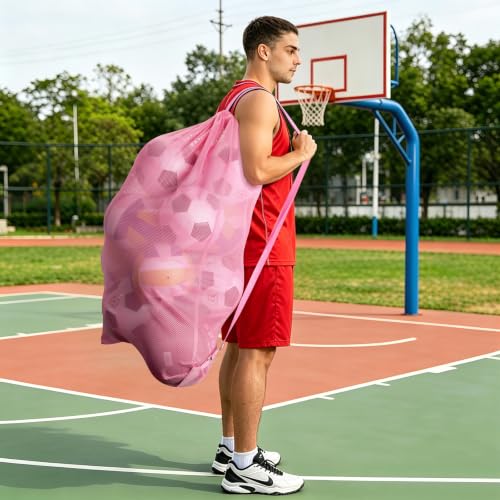 Pink Mesh Sports Ball Bag 40x30 Inch Heavy Duty Drawstring Organizer for Basketball Volleyball Soccer
