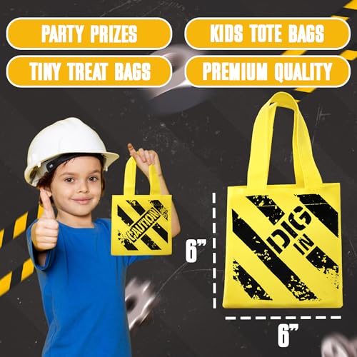 Construction Birthday Party Tote Bags 12-Pack Kids Goodie Gift Bags - Yellow Mini Construction Theme