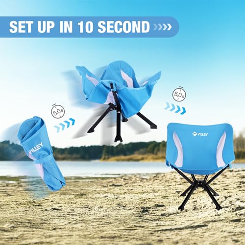 VILLEY Portable Folding Chair Lightweight Camping Chair No Assembly Needed, Quick Setup for Beach, Hiking, Supports 330 LBS, Blue, 2-Pack