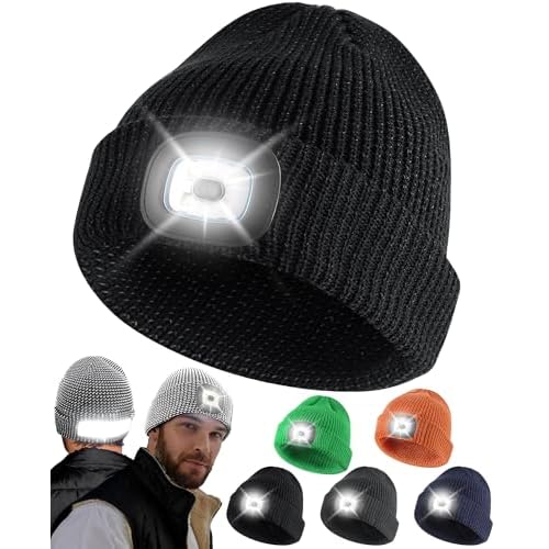 Babalet Beanie Hat with Light, Rechargeable LED Reflective Knitted Headlamp Caps, Warm Winter Gifts for Men Women