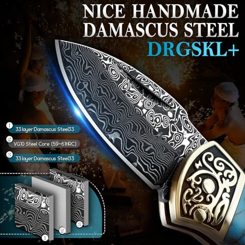 Damascus Pocket Knife for Gifting - Small Blue EDC Knife for Dad