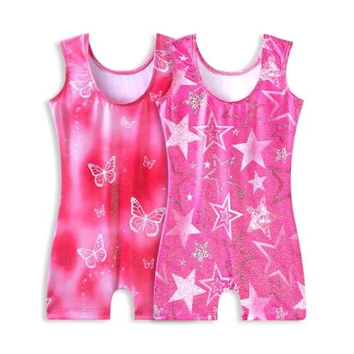 Snowheart Gymnastics Leotards for Girls 2-Pack, Sparkly Toddler Biketards Sleeveless for Tumbling Dance Classes