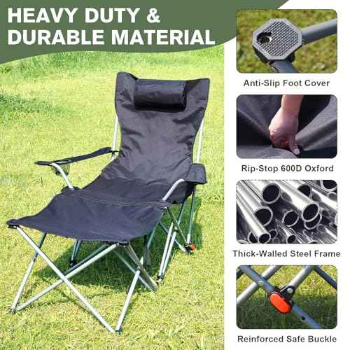 Portable Camping Chair with Footrest Folding Lounge Chair, Reclining Chair for Outside with Cup Holder, Side Pocket and Pillow, Heavy Duty Collapsible Chair for Sports,Outdoors & Lawns