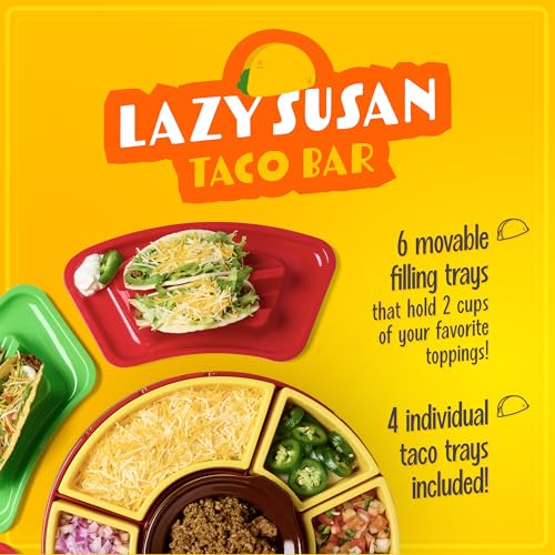 Lazy Susan Taco Bar Serving Set with 4 Tortilla Holders and Warming Pot - Red, Nostalgia Taco Tuesday