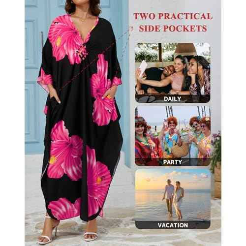 Bsubseach Moo Moos Kaftan Dresses for Women Floral Print Plus Size Swimsuit Coverup Caftan Maxi Beach Dress with Pockets