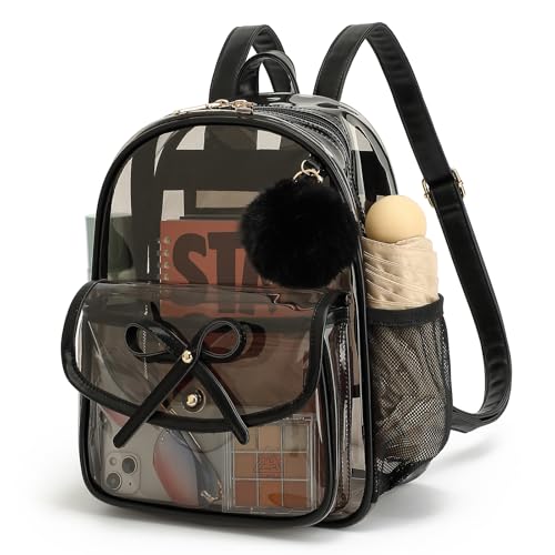 Clear Stadium Backpack 12x12x6 PVC with Leather Trim Black - Women Shoulder Bag