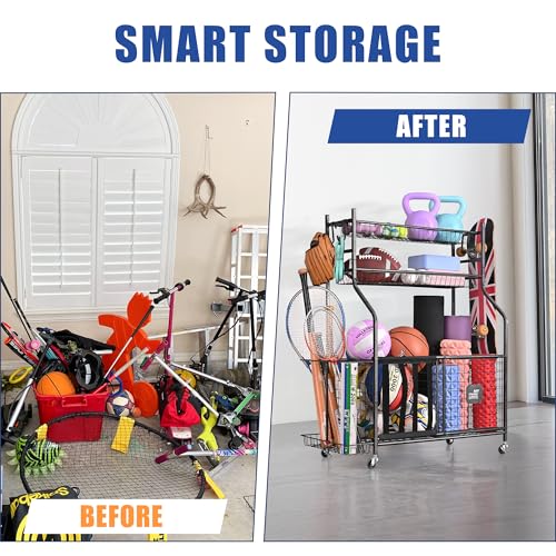 Mythinglogic Garage Sports Equipment Organizer, Baseball Storage Large Capacity, Sports Organizer for Garage with Hooks and Baskets, Ball Storage Rack for Football, Soccer Ball, Bat, Toys